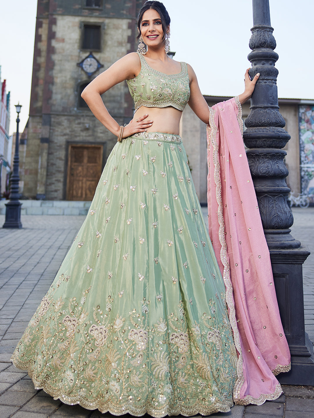 LIMEGREE - Satin Silk Fabric Sequins embroidery Semi-Stitched Lehenga choli & Dupatta - qivii