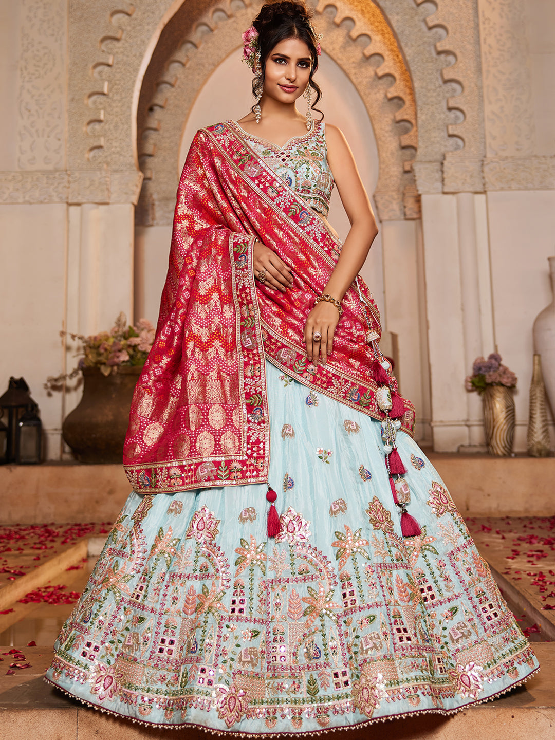 Blue - Tissue Mirror embroidery Semi-Stitched Lehenga choli & Dupatta