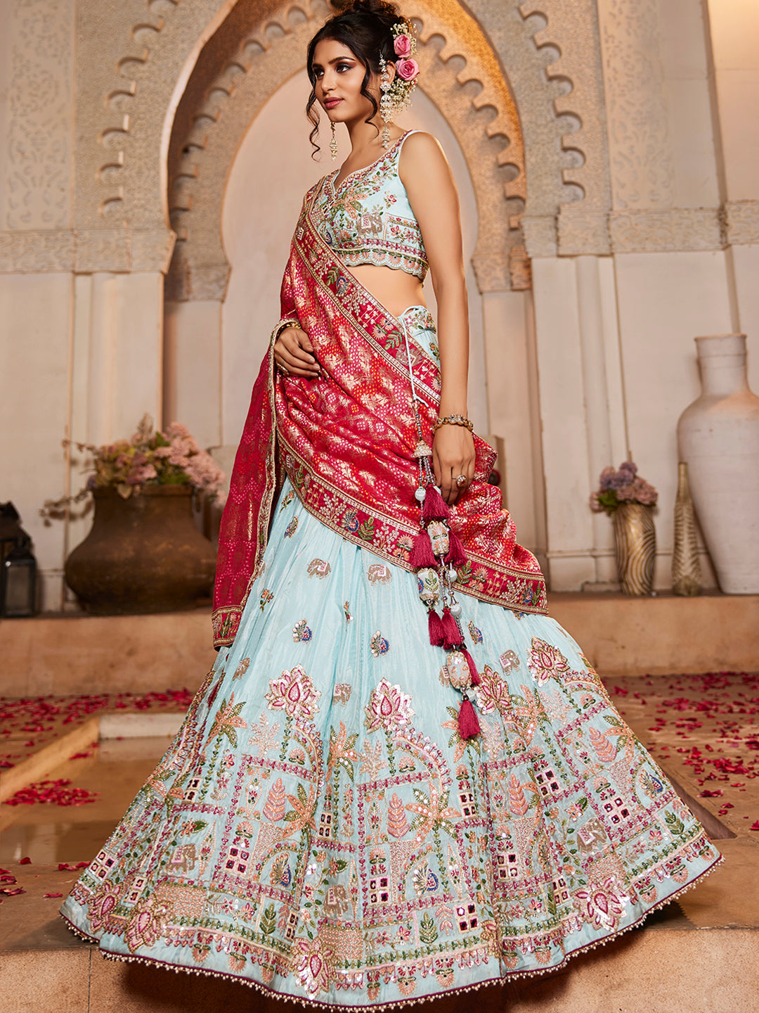 Blue - Tissue Mirror embroidery Semi-Stitched Lehenga choli & Dupatta