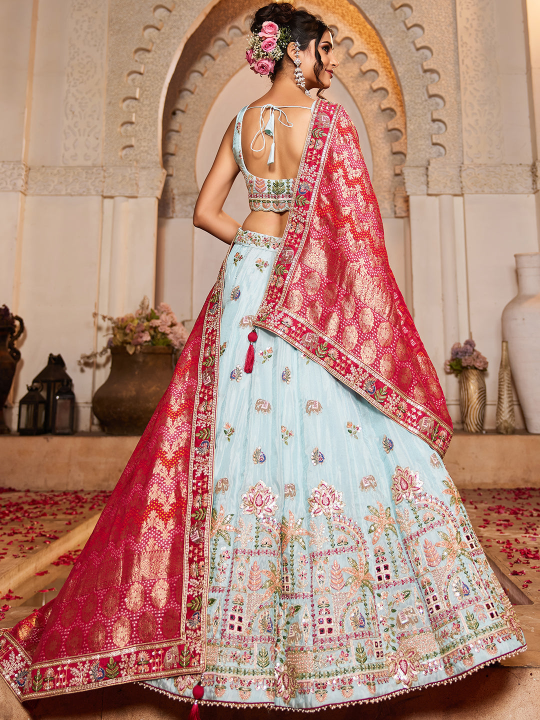 Blue - Tissue Mirror embroidery Semi-Stitched Lehenga choli & Dupatta