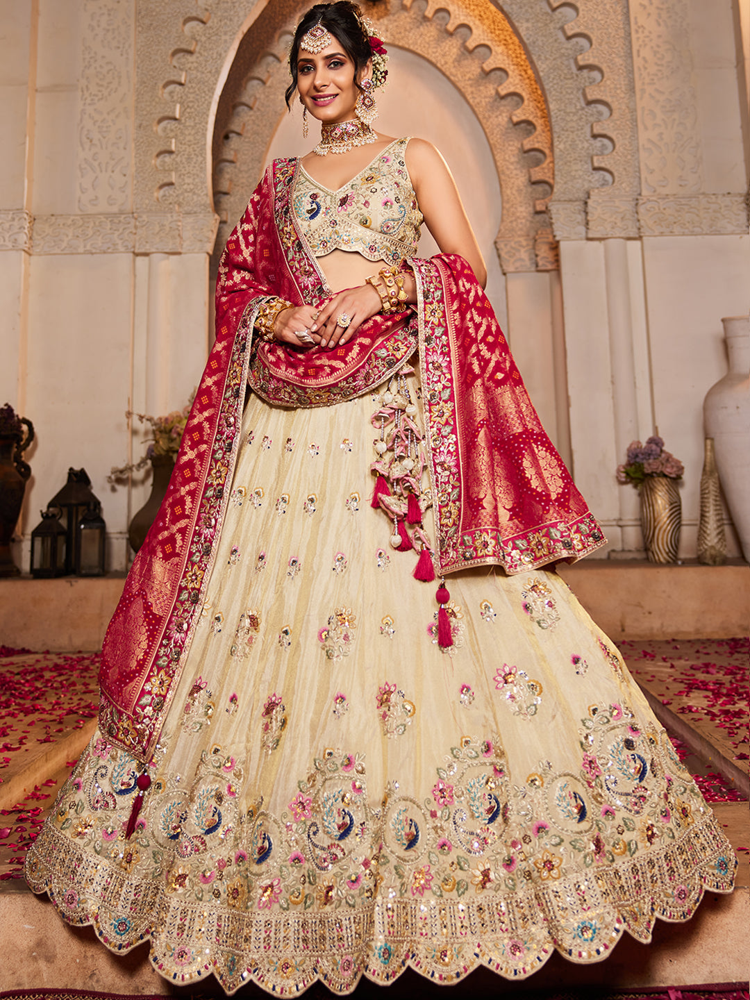 PINK - Tissue Fabric Sequinse embroidery Semi-Stitched Lehenga choli & Dupatta - qivii