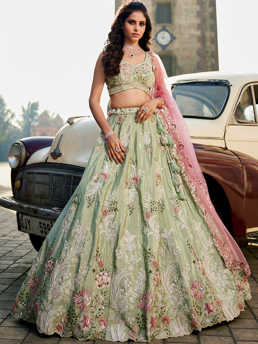 LIMEGREEN - Satin Silk Fabric Sequins embroidery Semi-Stitched Lehenga choli & Dupatta - qivii