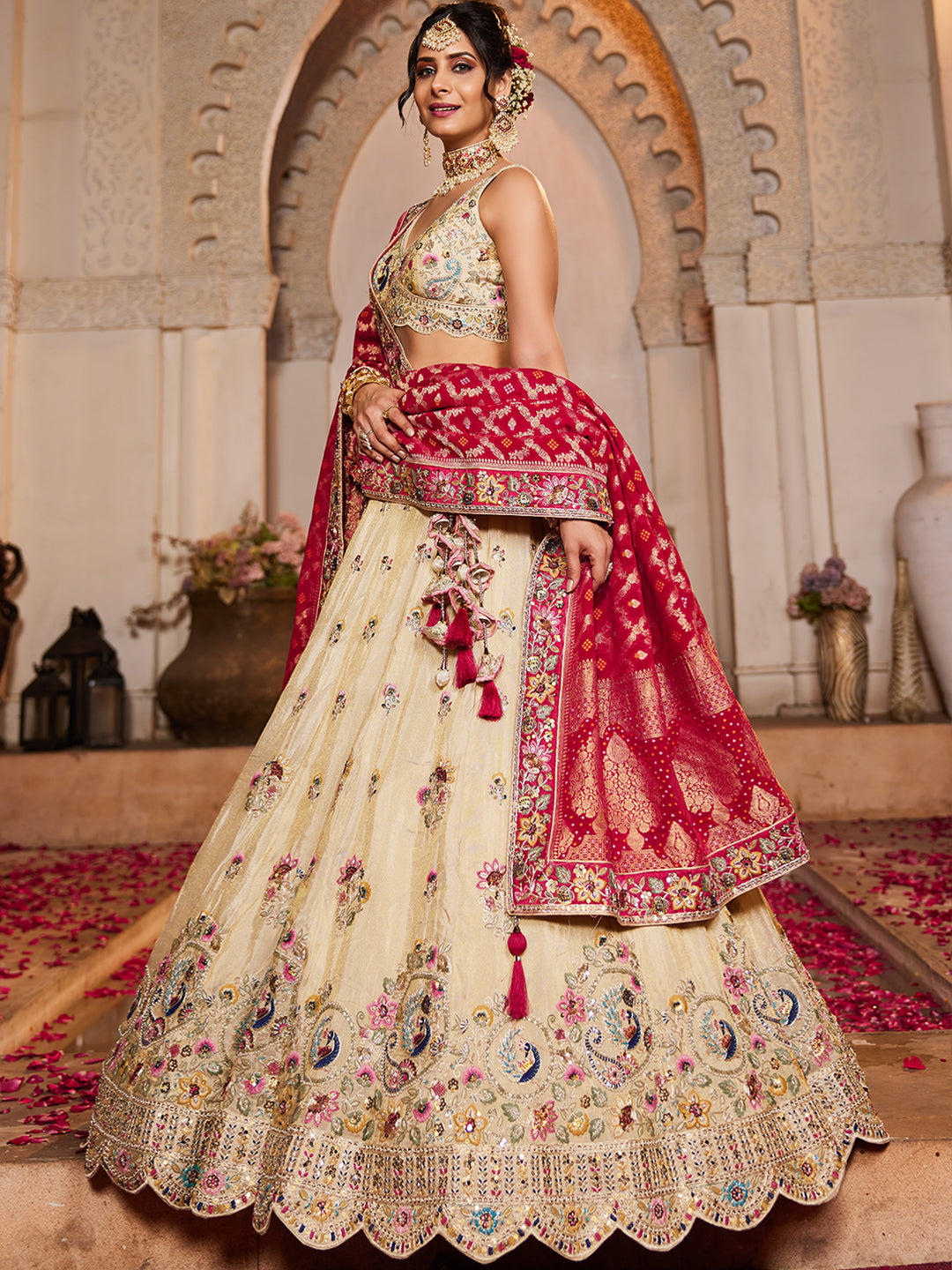 PINK - Tissue Fabric Sequinse embroidery Semi-Stitched Lehenga choli & Dupatta - qivii