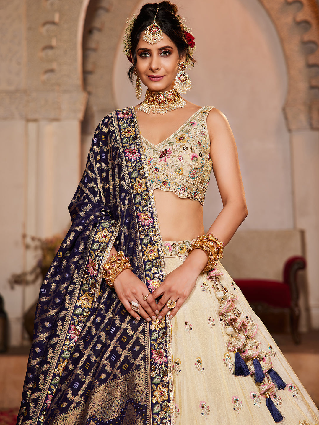 NAVY BLUE - Tissue Fabric Sequinse embroidery Semi-Stitched Lehenga choli & Dupatta - qivii