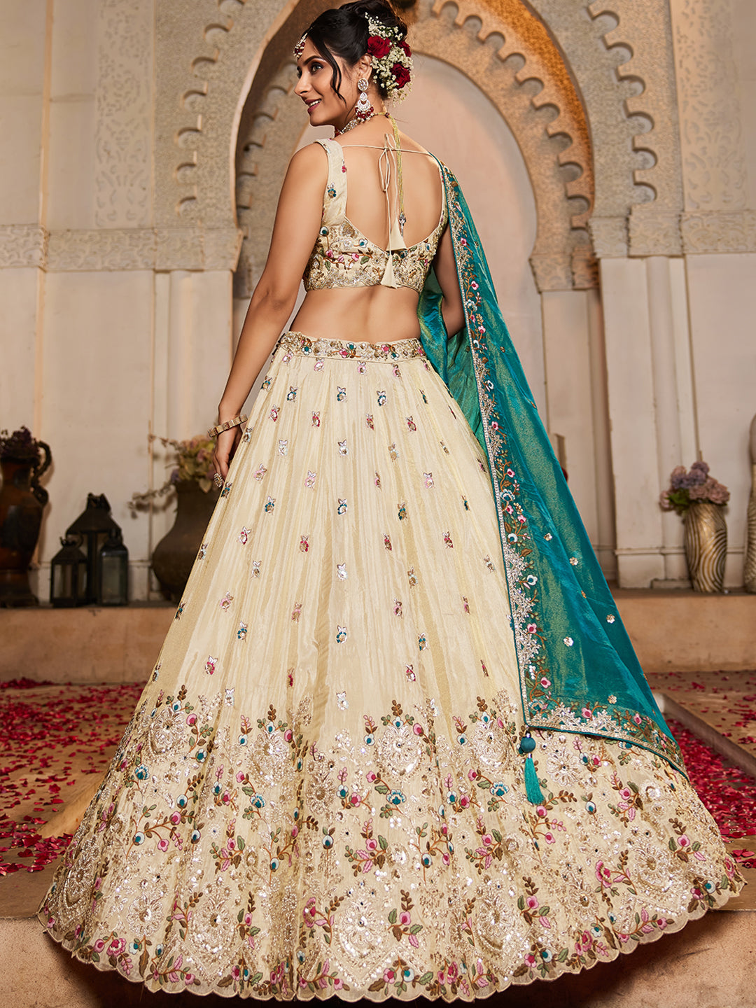 Teal - Tissue Sequinse embroidery Lehenga choli & Dupatta