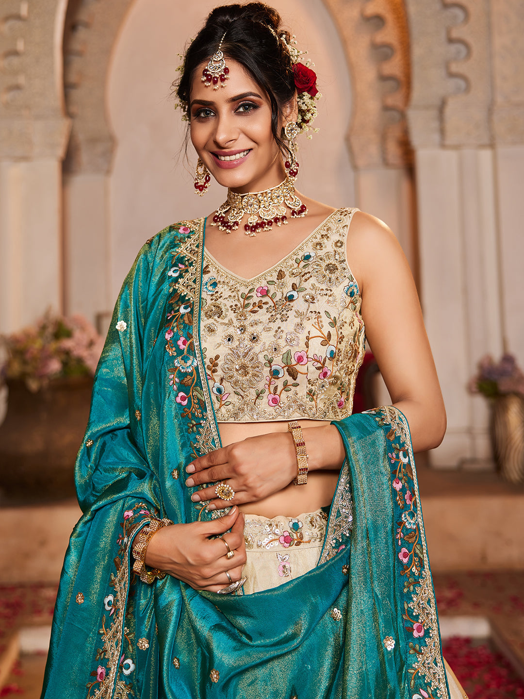 Teal - Tissue Sequinse embroidery Lehenga choli & Dupatta
