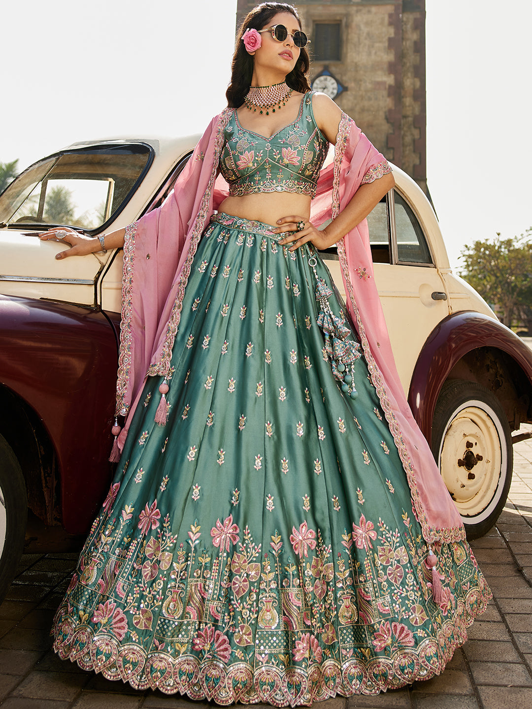 Limegreen - Georgette Sequins embroidery Lehenga choli & Dupatta