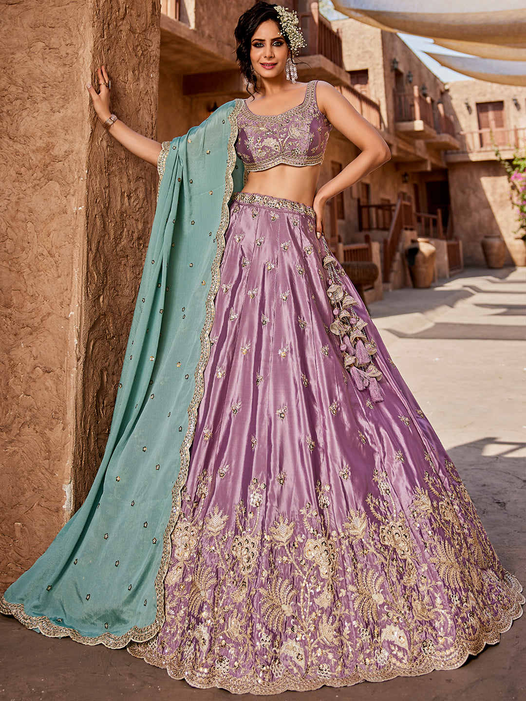 LAVENDER - Satin Silk Fabric Sequins embroidery Semi-Stitched Lehenga choli & Dupatta - qivii