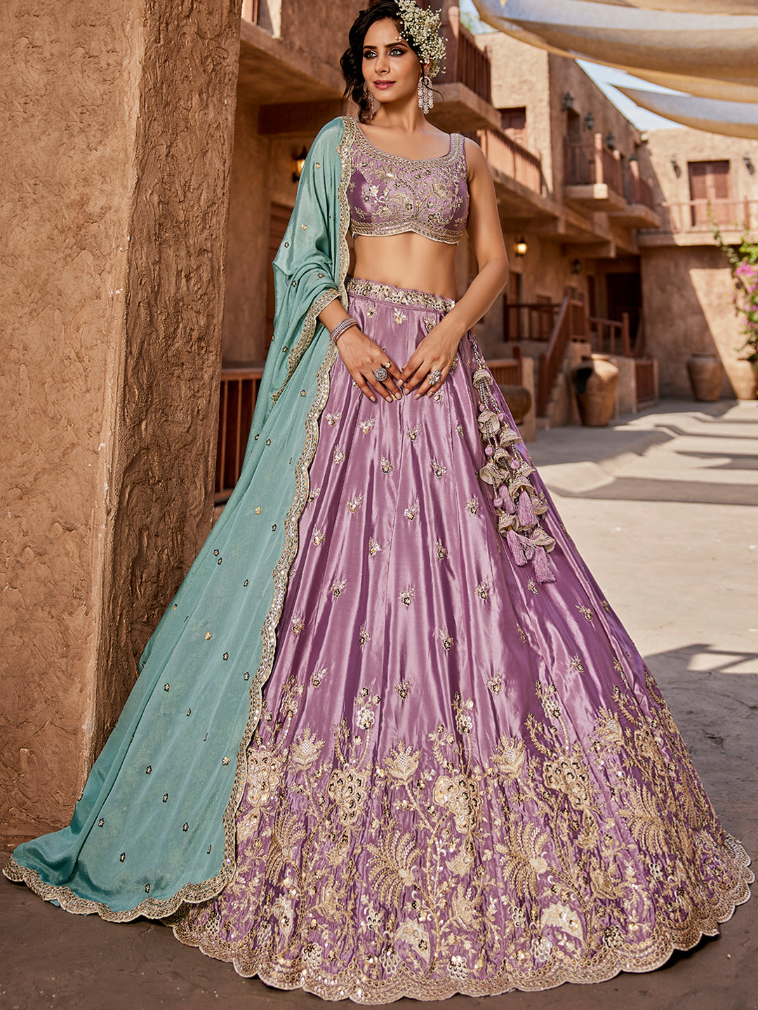 LAVENDER - Satin Silk Fabric Sequins embroidery Semi-Stitched Lehenga choli & Dupatta - qivii