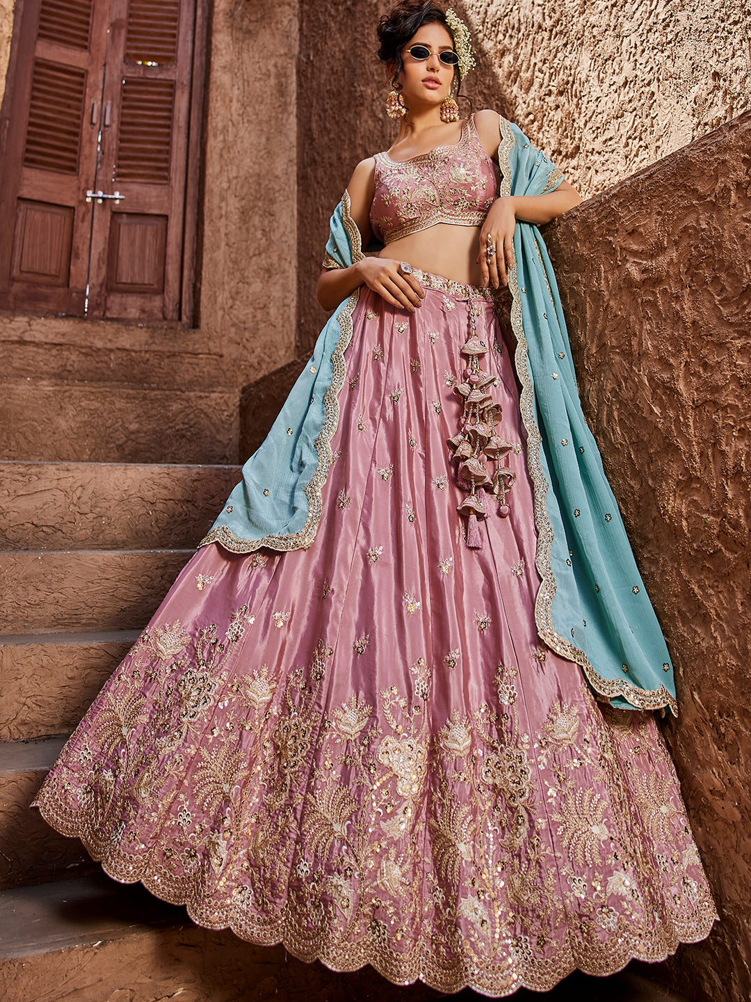 PINK - Satin Silk Fabric Sequins embroidery Semi-Stitched Lehenga choli & Dupatta - qivii