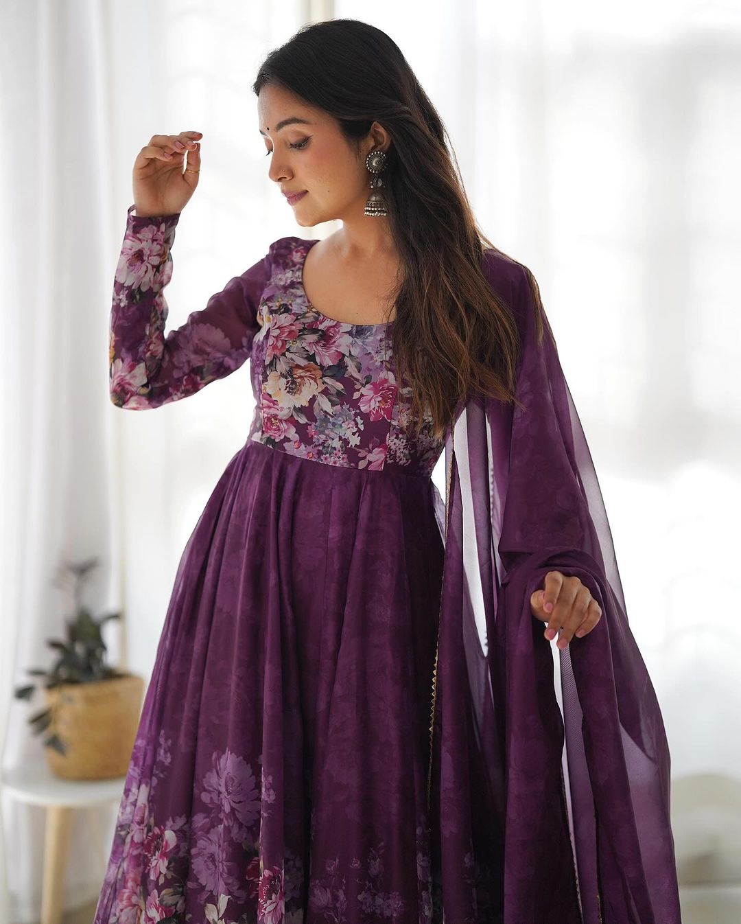  Fashionable three-piece Anarkali suit in wine color with floral print by Qivii