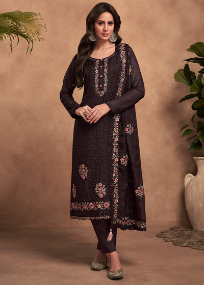 Dark Chocolate Brown Organza Salwar Suit with Embroidery Work By Qivii