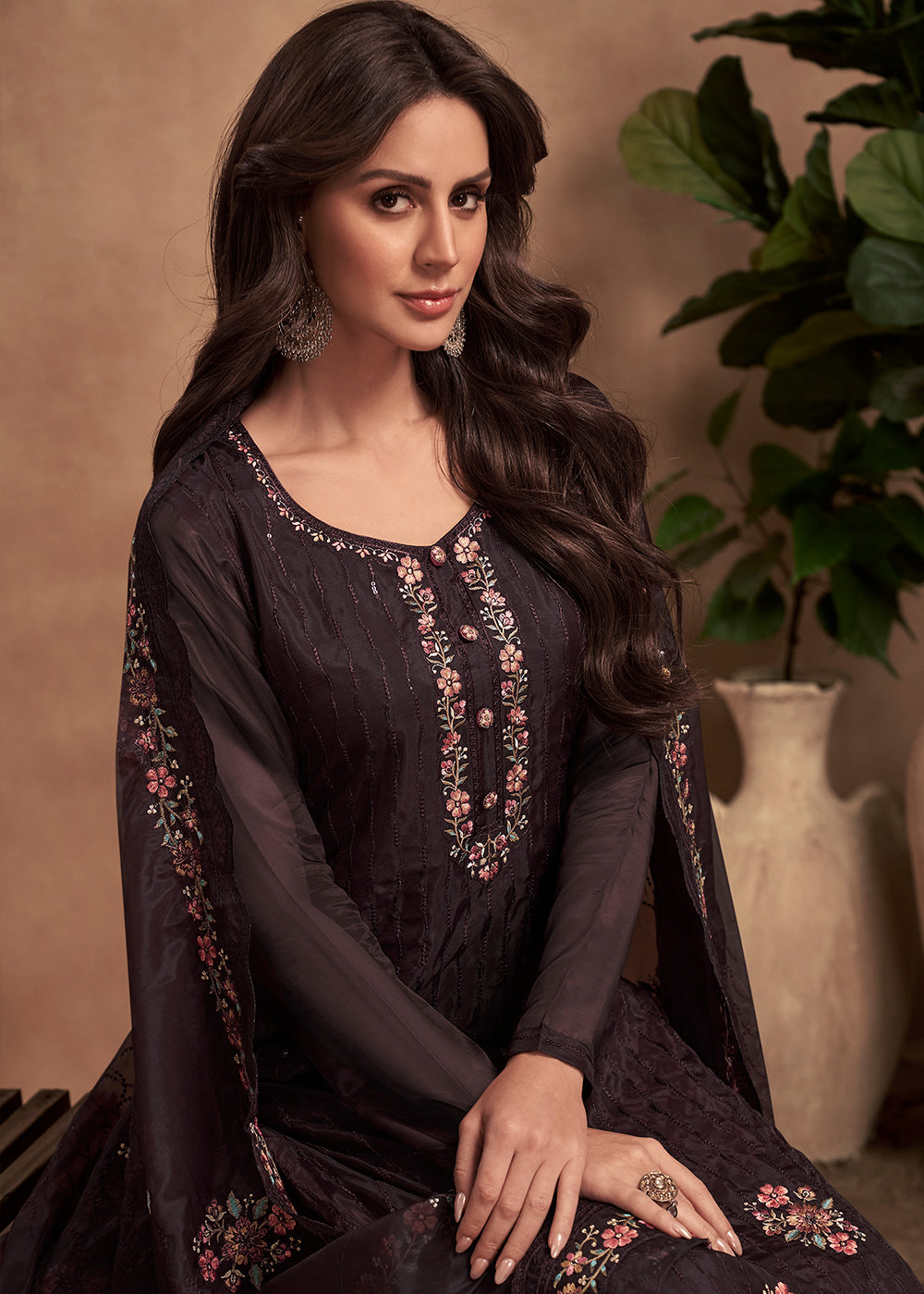 Dark Chocolate Brown Organza Salwar Suit with Embroidery Work By Qivii