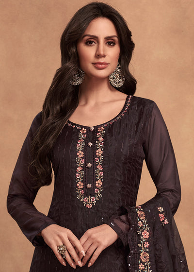 Dark Chocolate Brown Organza Salwar Suit with Embroidery Work By Qivii