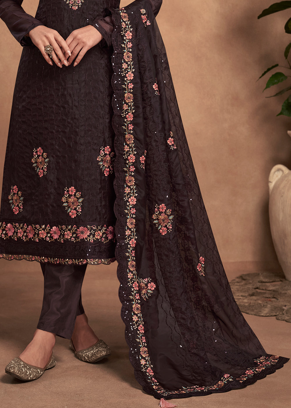 Dark Chocolate Brown Organza Salwar Suit with Embroidery Work By Qivii