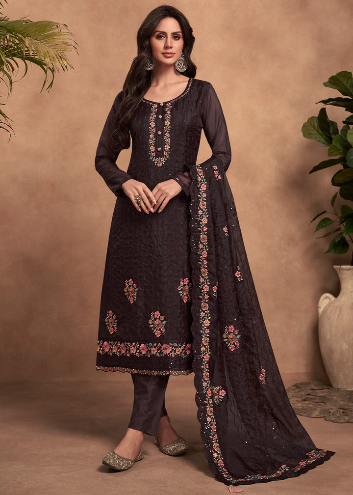 Dark Chocolate Brown Organza Salwar Suit with Embroidery Work By Qivii