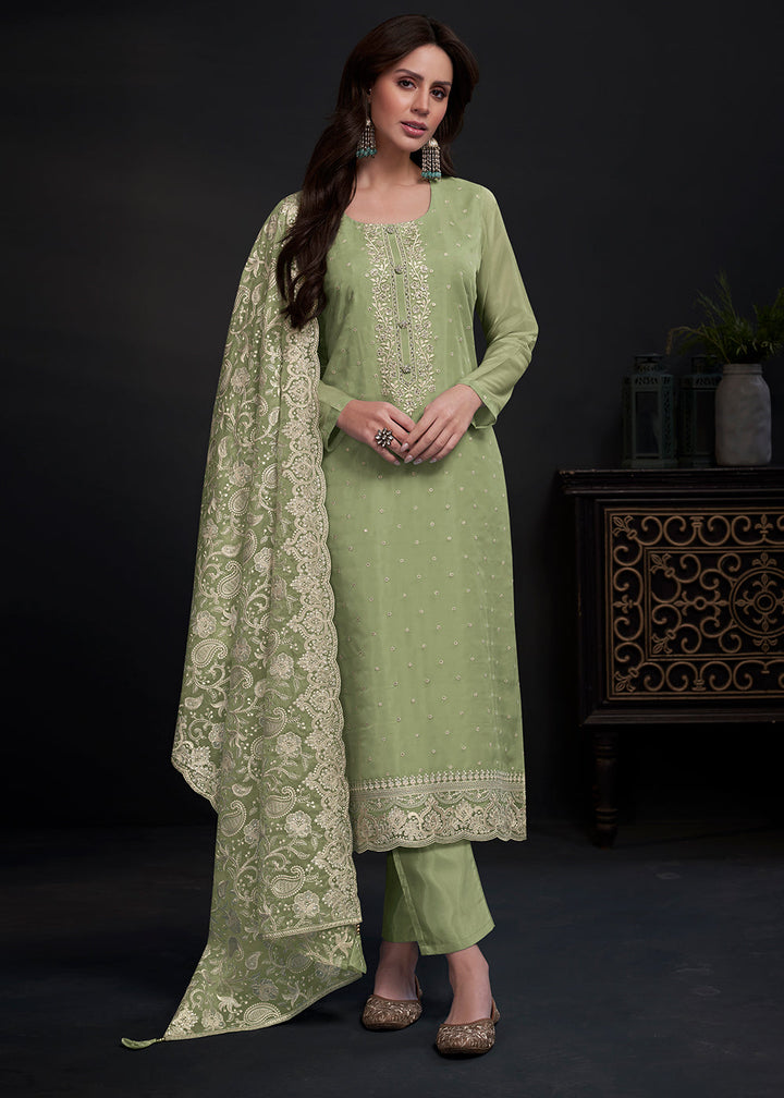 Pastel Green Designer Organza Salwar Suit with Embroidery Work By Qivii