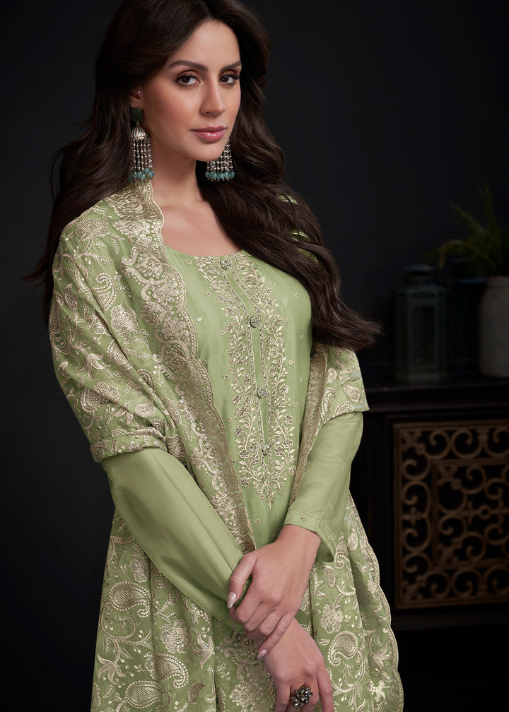 Pastel Green Designer Organza Salwar Suit with Embroidery Work By Qivii