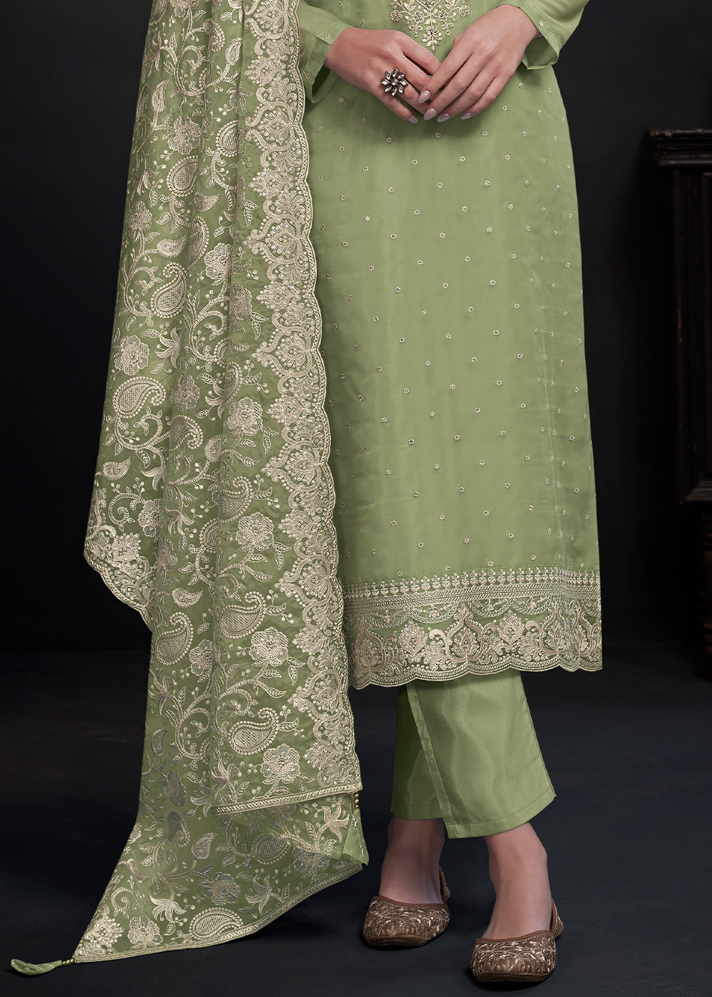 Pastel Green Designer Organza Salwar Suit with Embroidery Work By Qivii