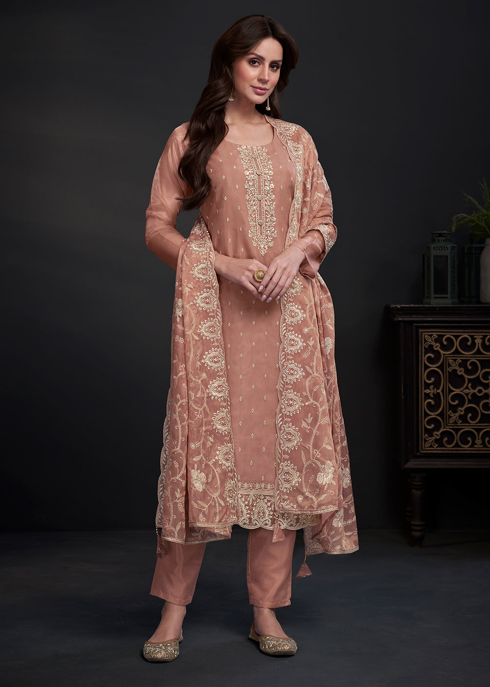 Light Brown Designer Organza Salwar Suit with Embroidery Work By Qivii