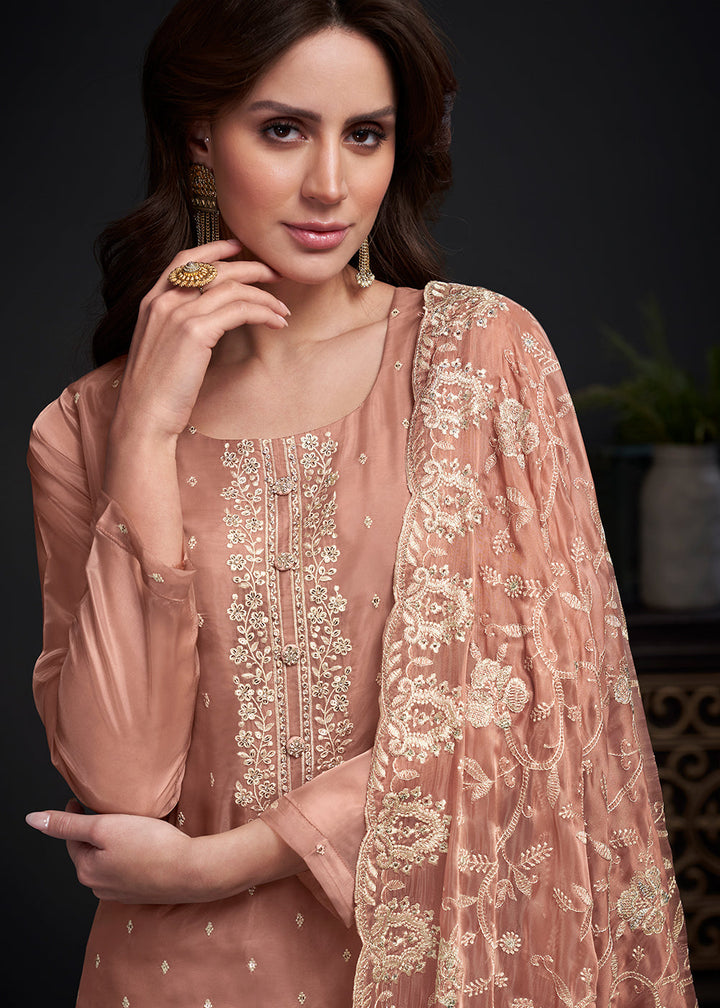 Light Brown Designer Organza Salwar Suit with Embroidery Work By Qivii