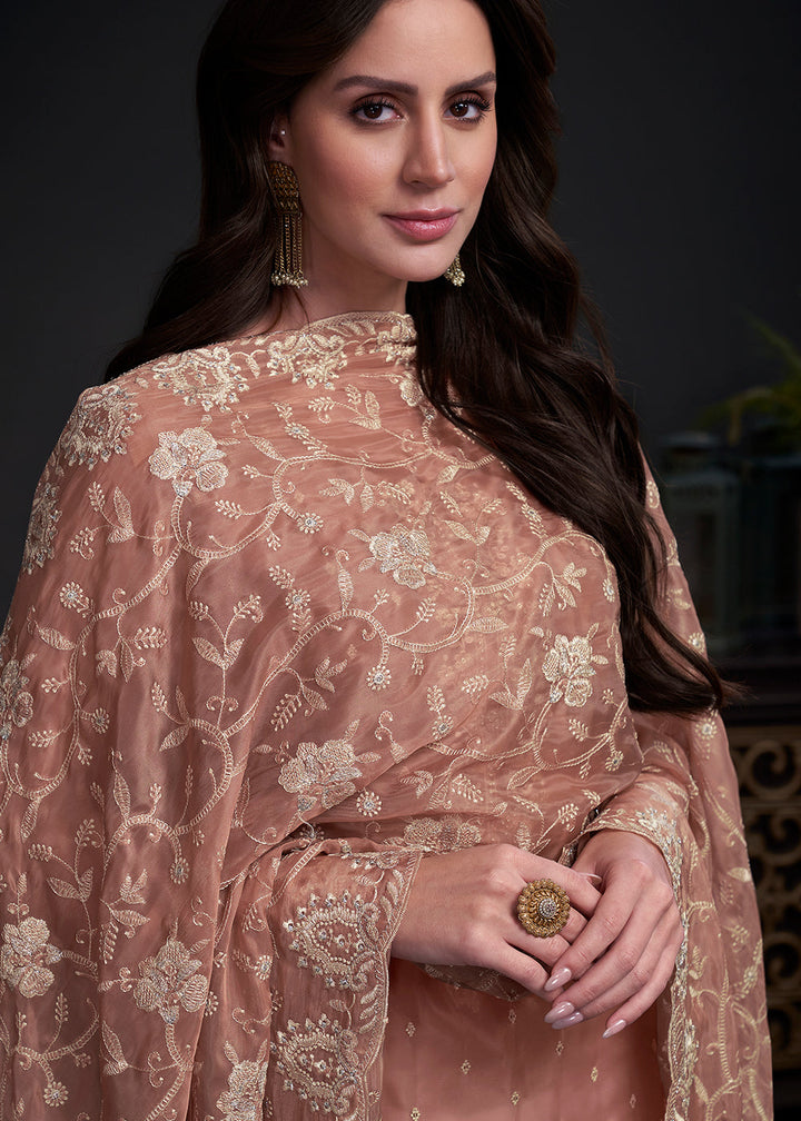 Light Brown Designer Organza Salwar Suit with Embroidery Work By Qivii