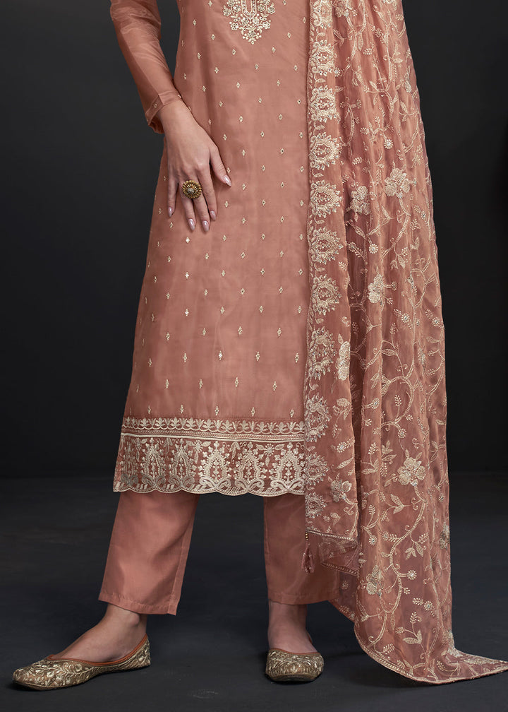 Light Brown Designer Organza Salwar Suit with Embroidery Work By Qivii