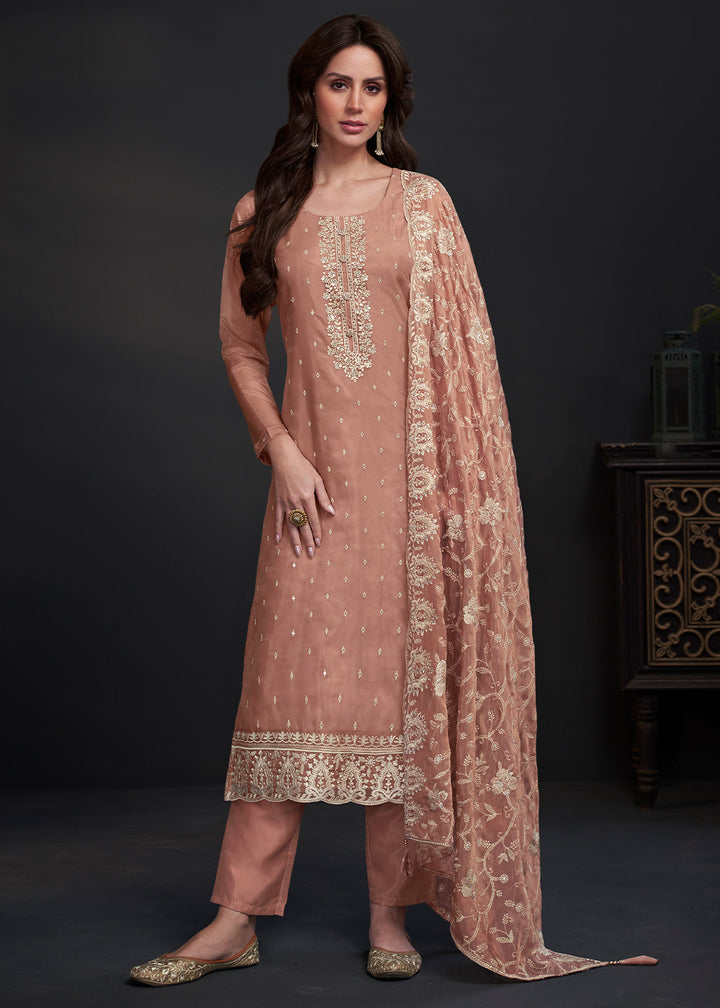 Light Brown Designer Organza Salwar Suit with Embroidery Work By Qivii