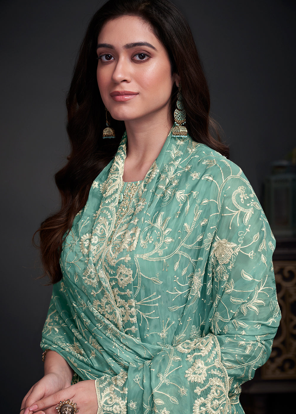 Turquoise Blue Designer Organza Salwar Suit with Embroidery Work By Qivii