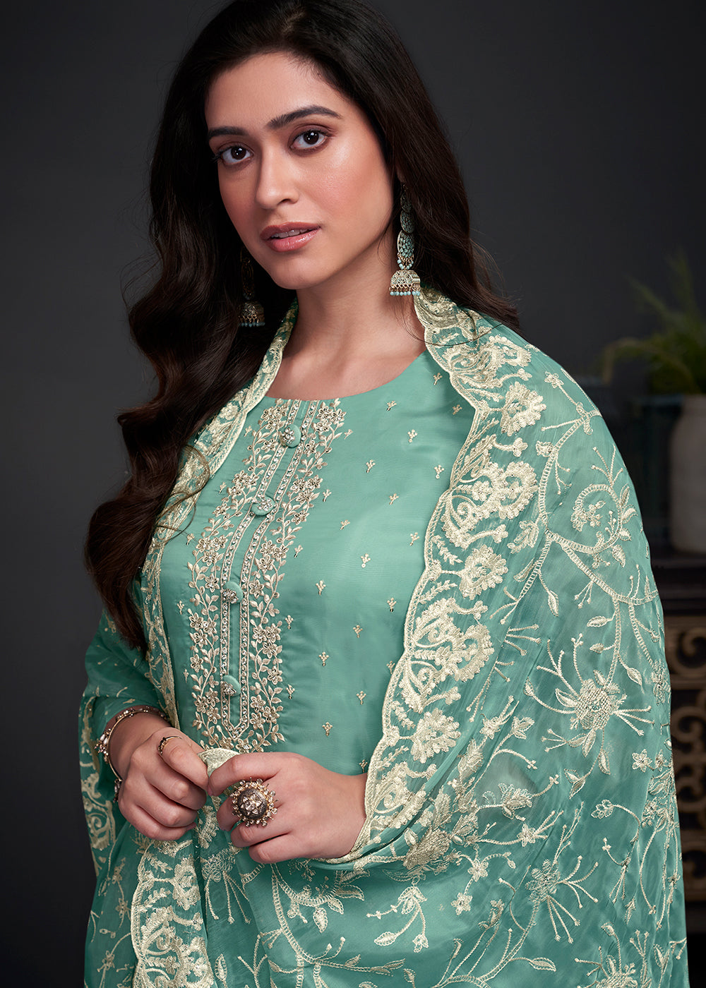 Turquoise Blue Designer Organza Salwar Suit with Embroidery Work By Qivii