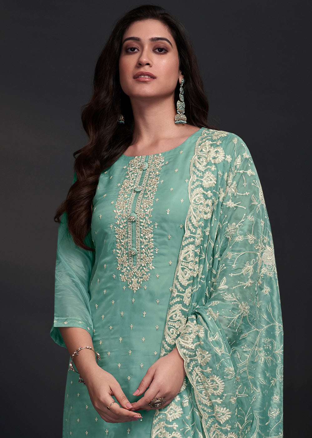 Turquoise Blue Designer Organza Salwar Suit with Embroidery Work By Qivii