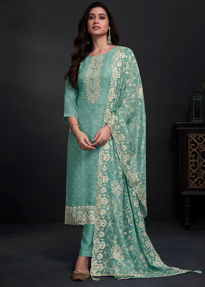 Turquoise Blue Designer Organza Salwar Suit with Embroidery Work By Qivii