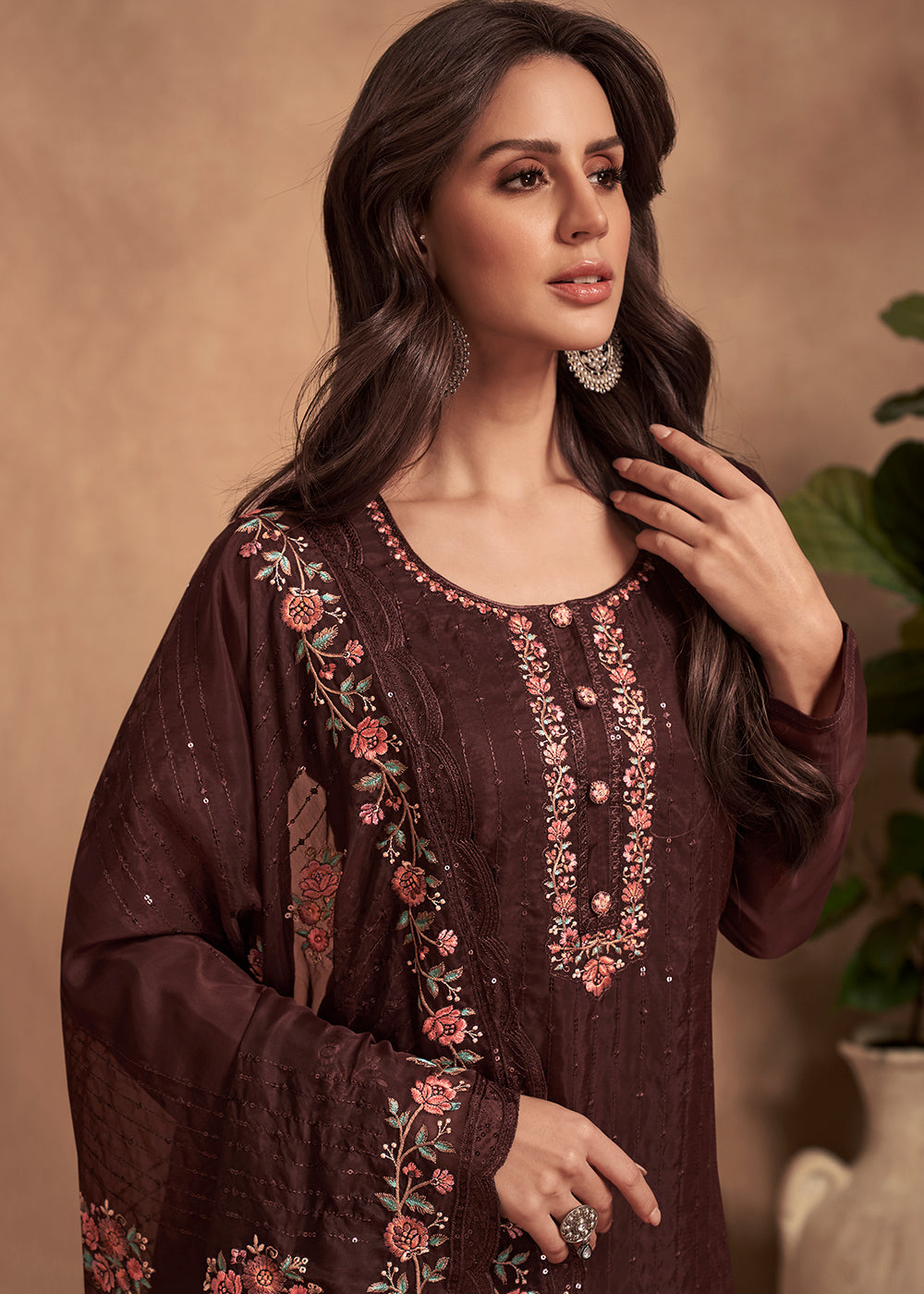 Syrup Brown Designer Organza Salwar Suit with Embroidery Work By Qivii