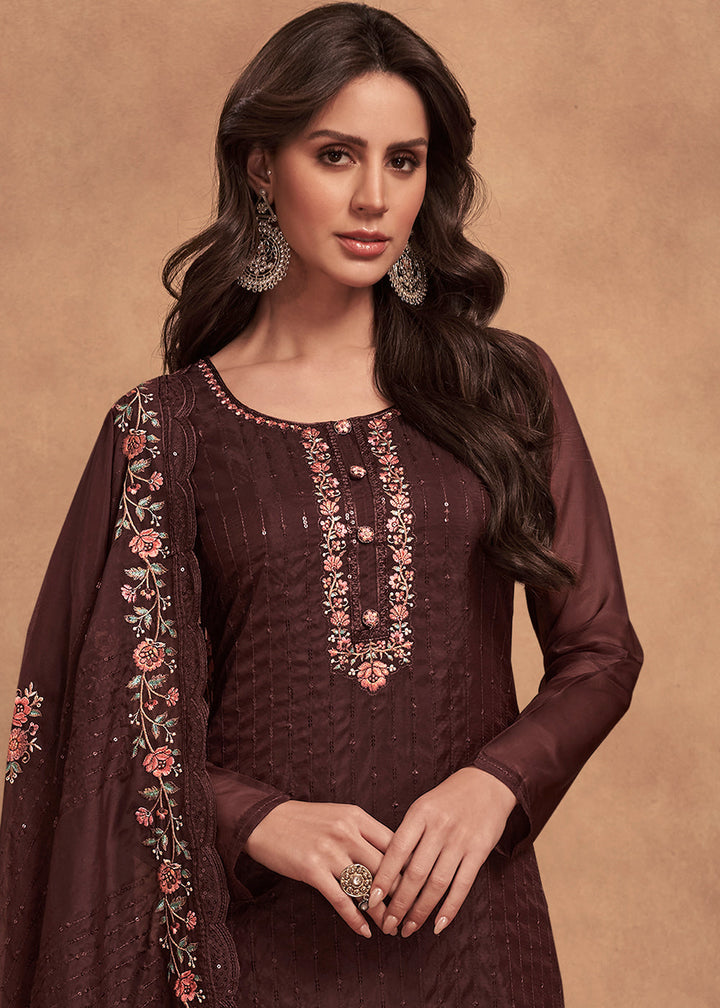 Syrup Brown Designer Organza Salwar Suit with Embroidery Work By Qivii