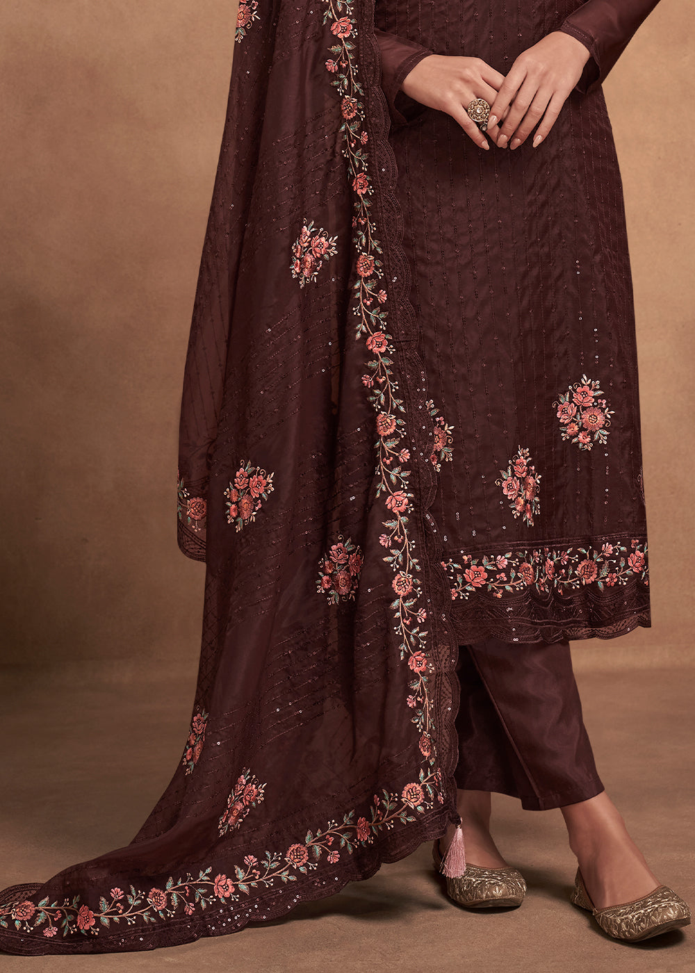 Syrup Brown Designer Organza Salwar Suit with Embroidery Work By Qivii