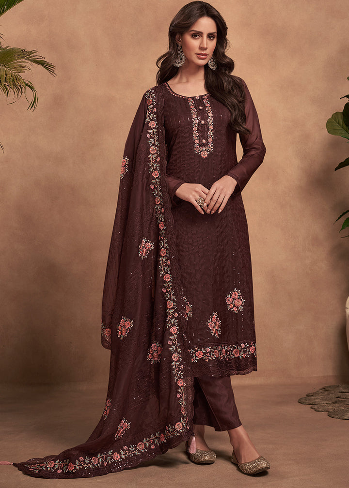 Syrup Brown Designer Organza Salwar Suit with Embroidery Work By Qivii