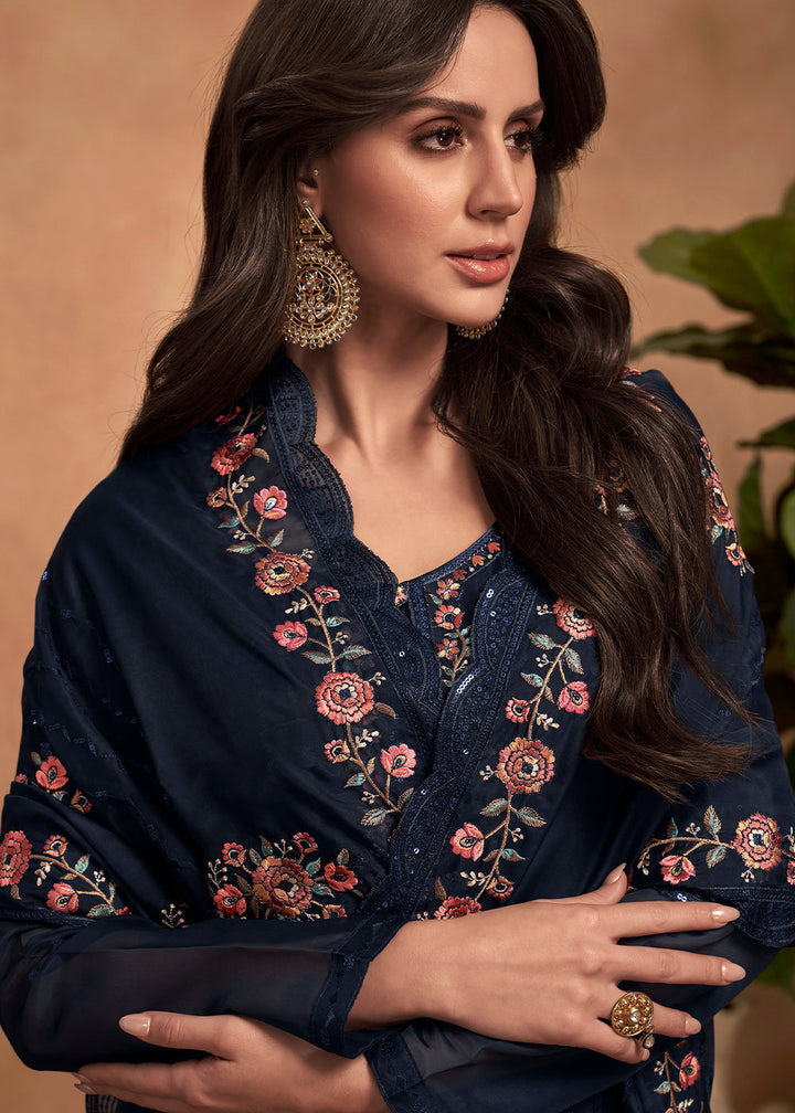 Denim Blue Designer Organza Salwar Suit with Embroidery Work By Qivii