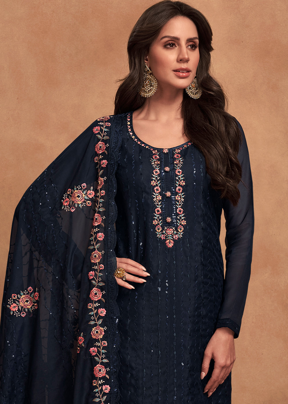 Denim Blue Designer Organza Salwar Suit with Embroidery Work By Qivii