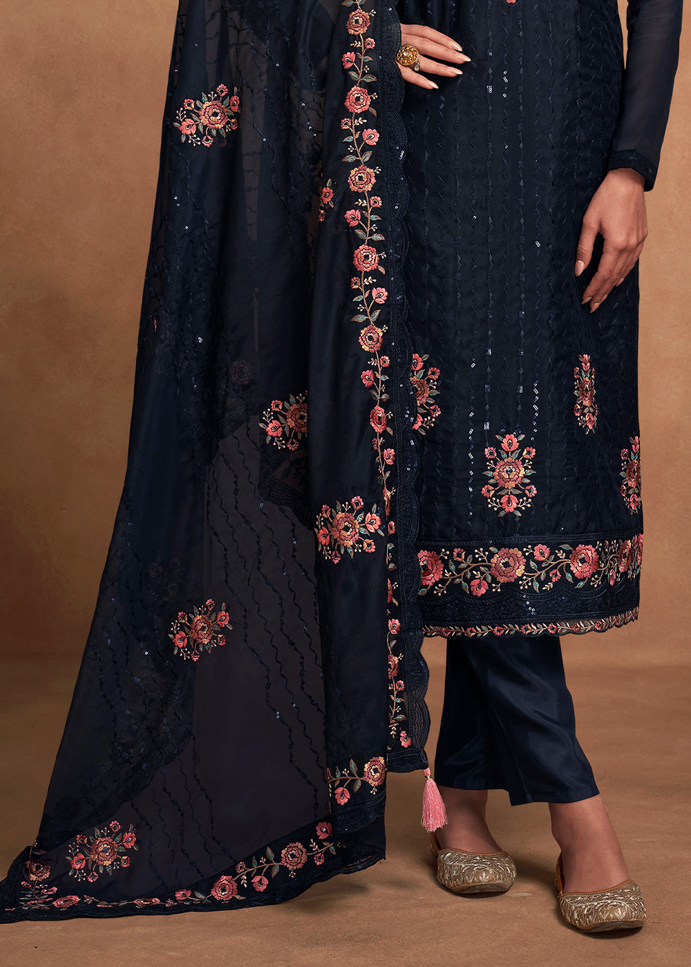 Denim Blue Designer Organza Salwar Suit with Embroidery Work By Qivii