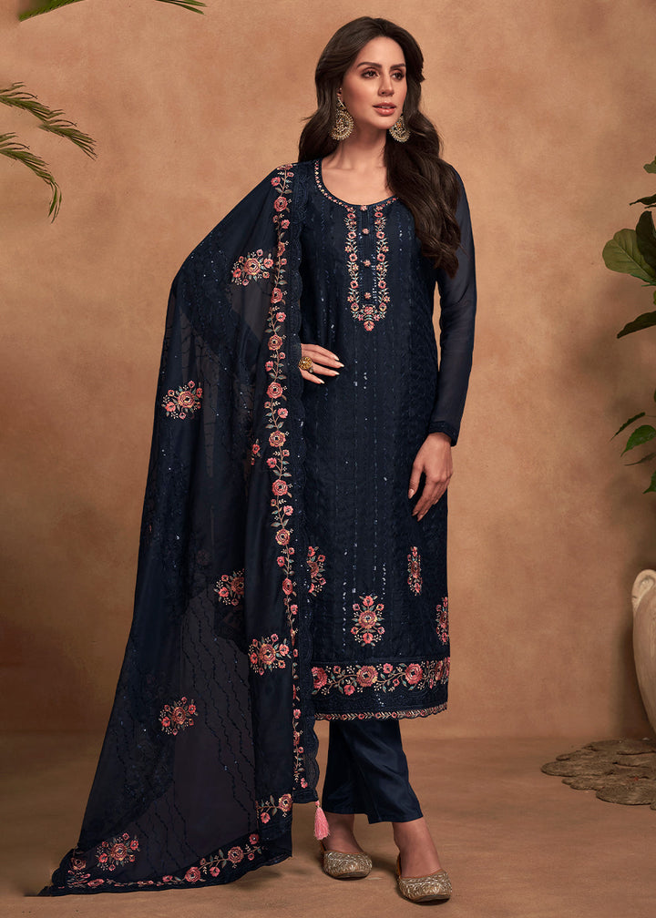 Denim Blue Designer Organza Salwar Suit with Embroidery Work By Qivii