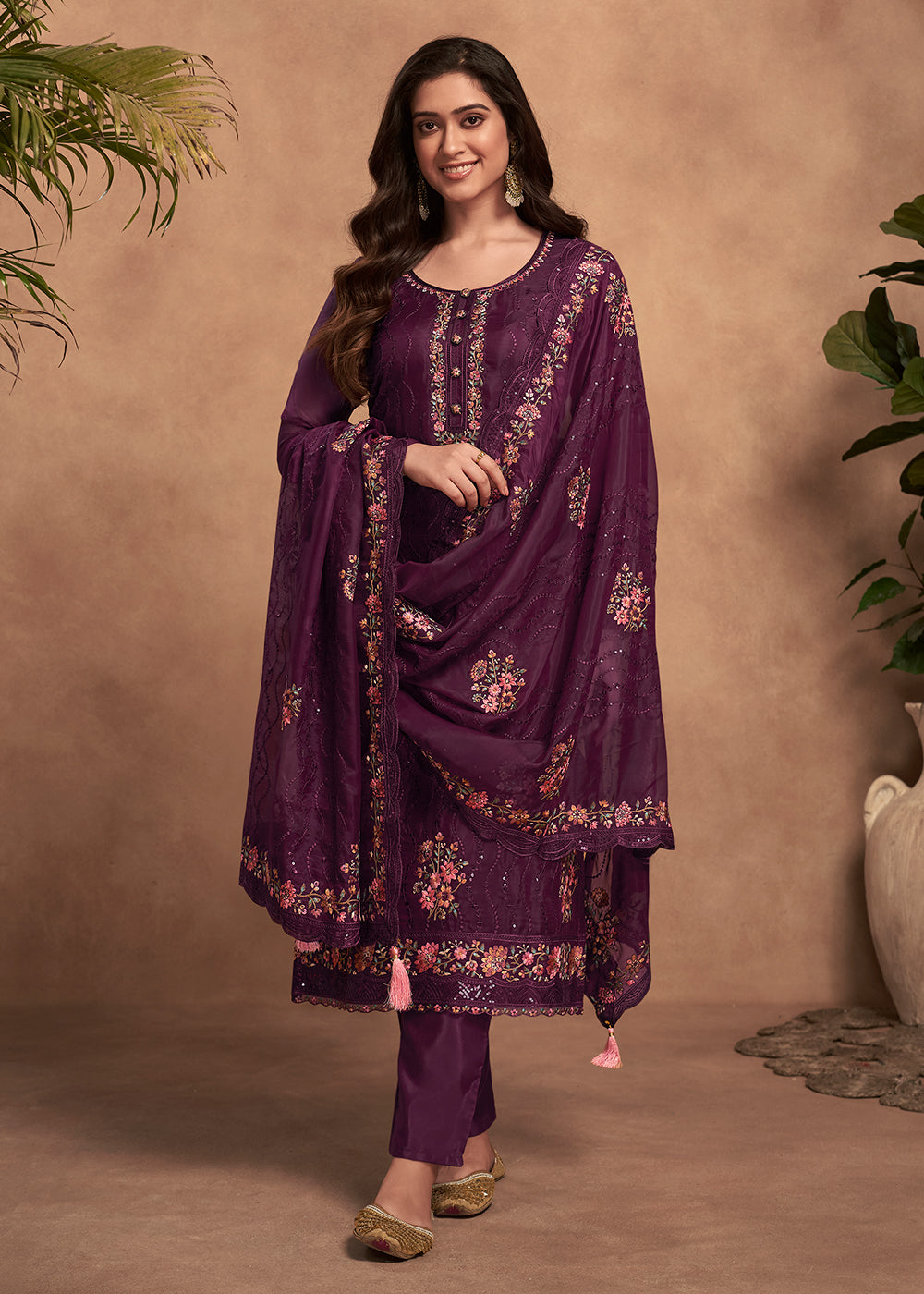 Mitten Purple Designer Organza Salwar Suit with Embroidery Work By Qivii