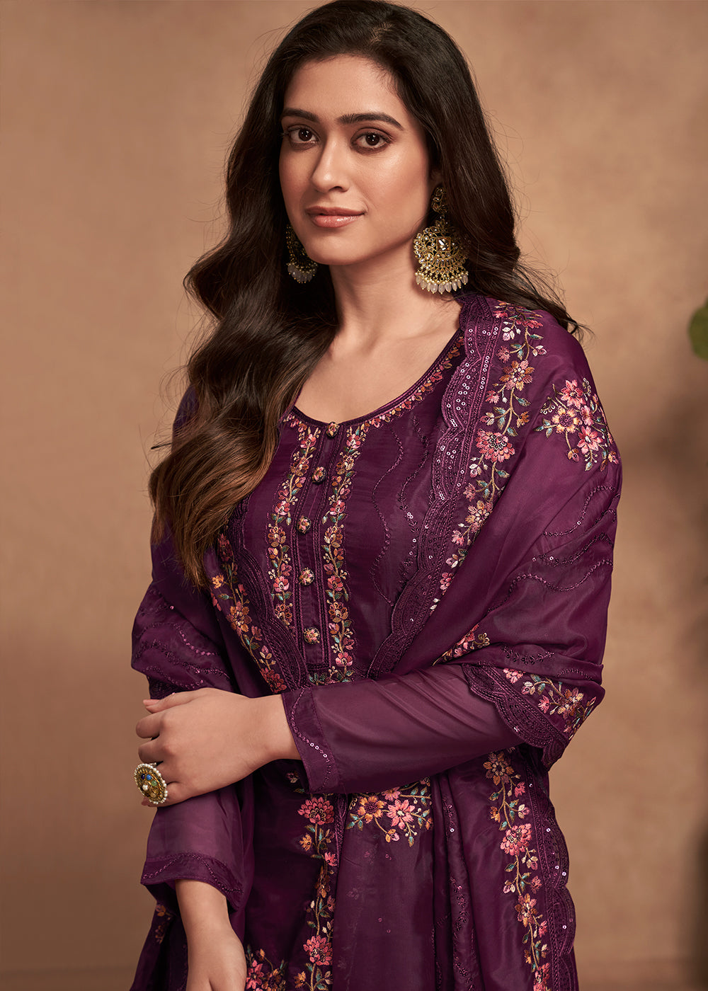 Mitten Purple Designer Organza Salwar Suit with Embroidery Work By Qivii