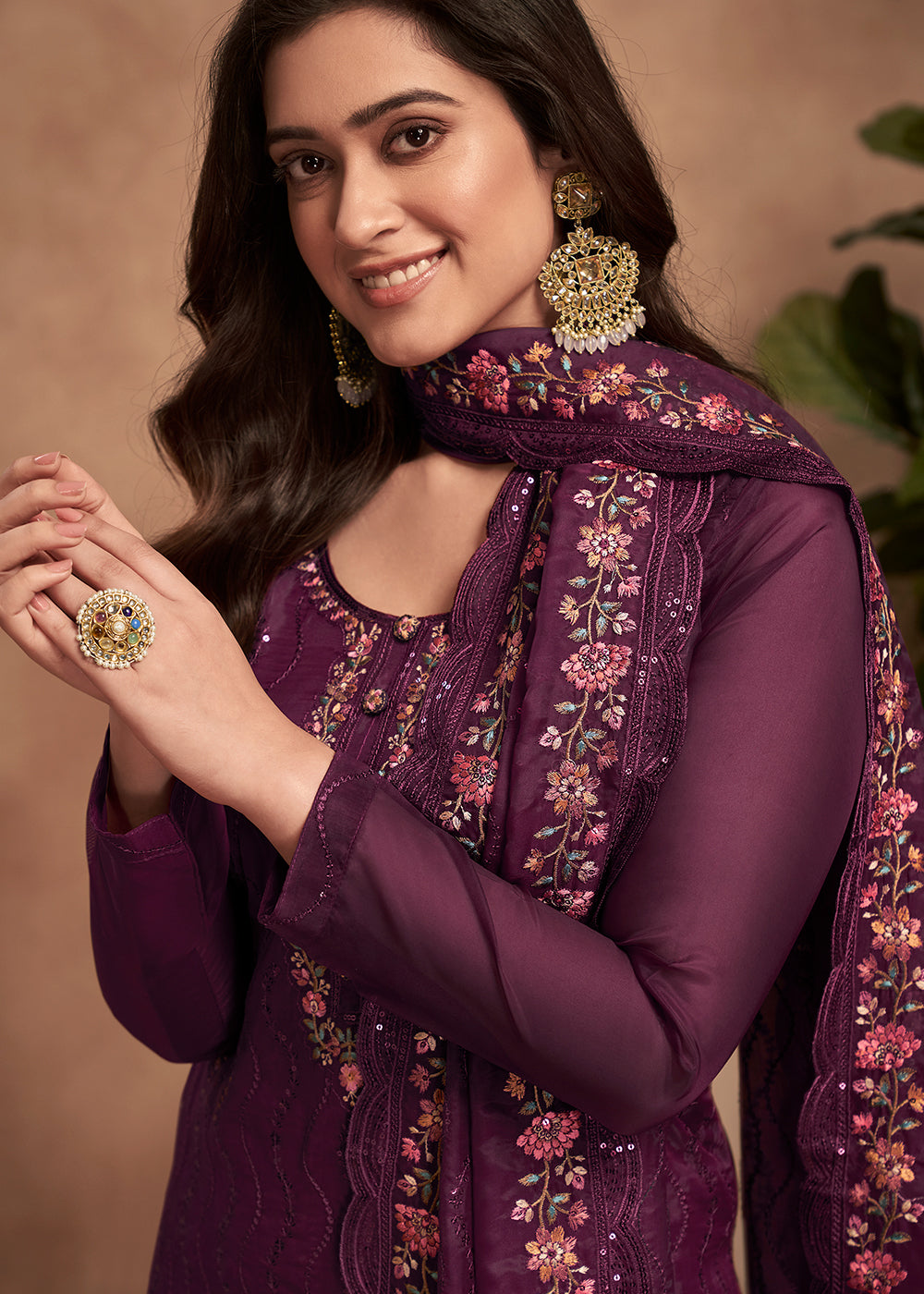 Mitten Purple Designer Organza Salwar Suit with Embroidery Work By Qivii