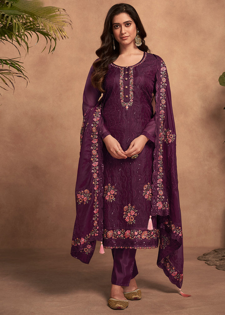 Mitten Purple Designer Organza Salwar Suit with Embroidery Work By Qivii