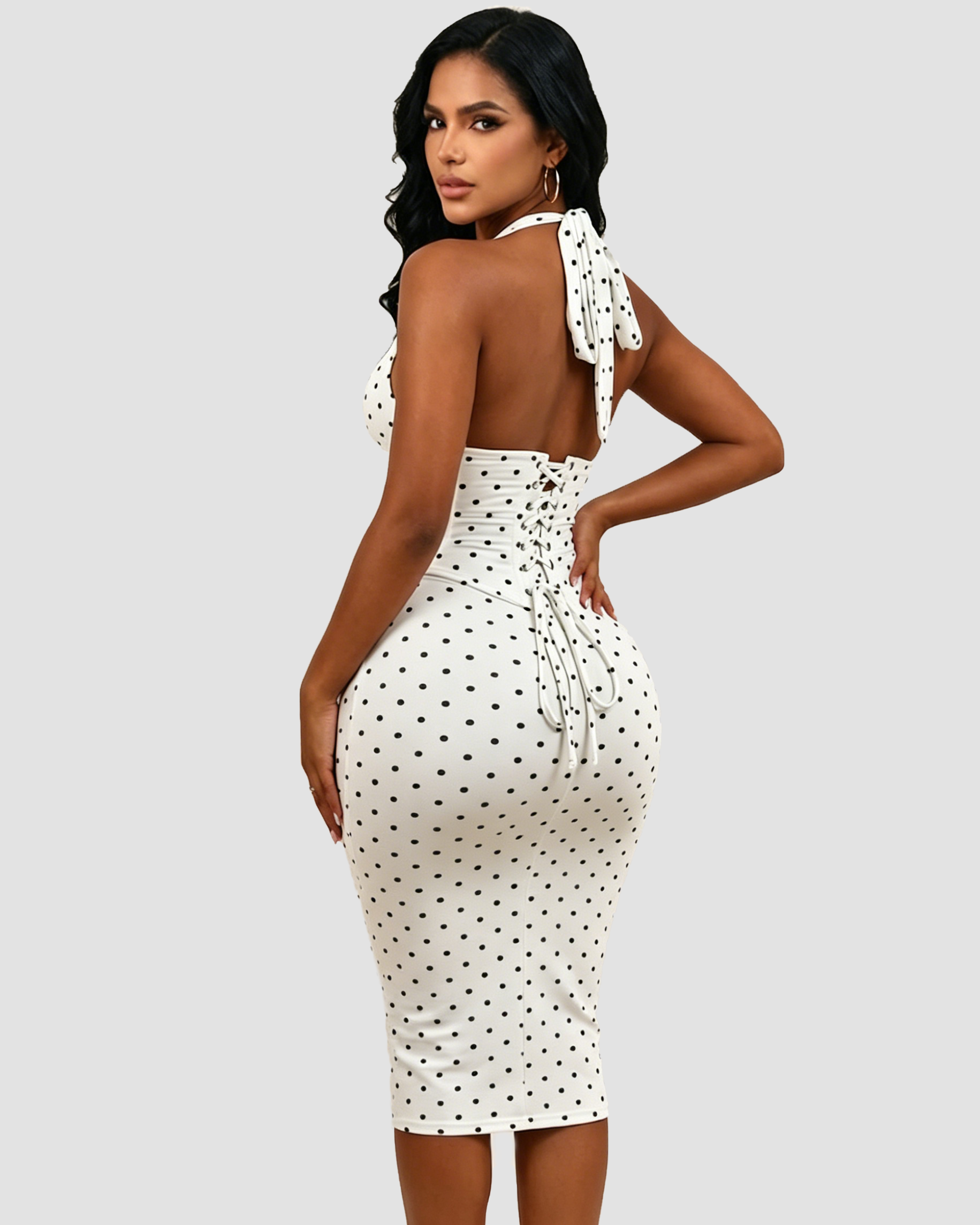 Polka Dot Corset Halter Midi Dress with Lace-Up Back