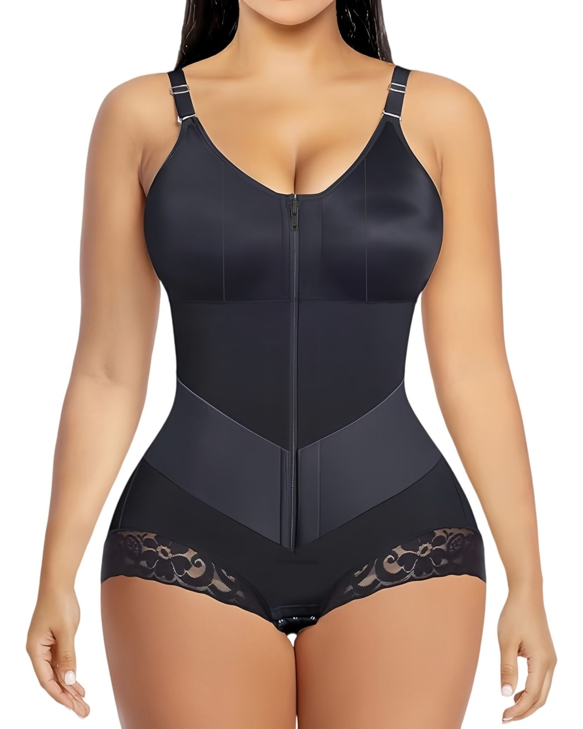 Front Zip Adjustable Strap Tummy Control Butt Lifting Bodysuit Shapewear