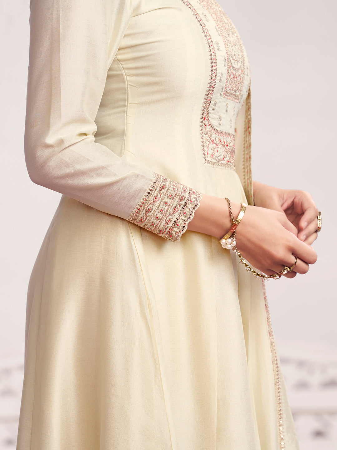 Off-White Embroidery A-Line Kurta With Dyed Trousers And Embroidery With Mina Dupatta