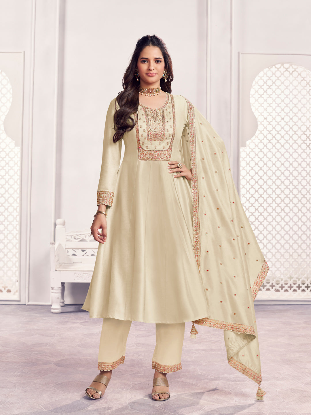 Off-White Embroidery A-Line Kurta With Dyed Trousers And Embroidery With Mina Dupatta