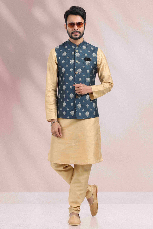 Men's Art Banarasi Silk Printed Work 3 Pics Jacket Set In Blue Colour