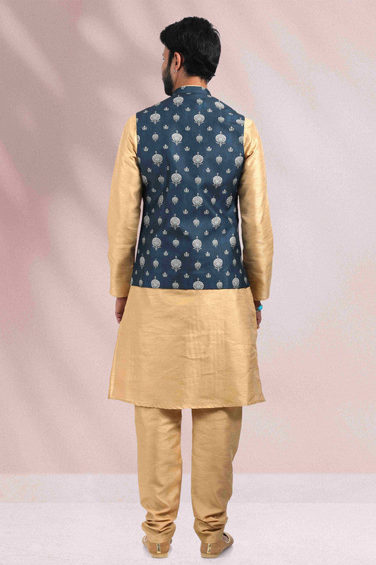Men's Art Banarasi Silk Printed Work 3 Pics Jacket Set In Blue Colour